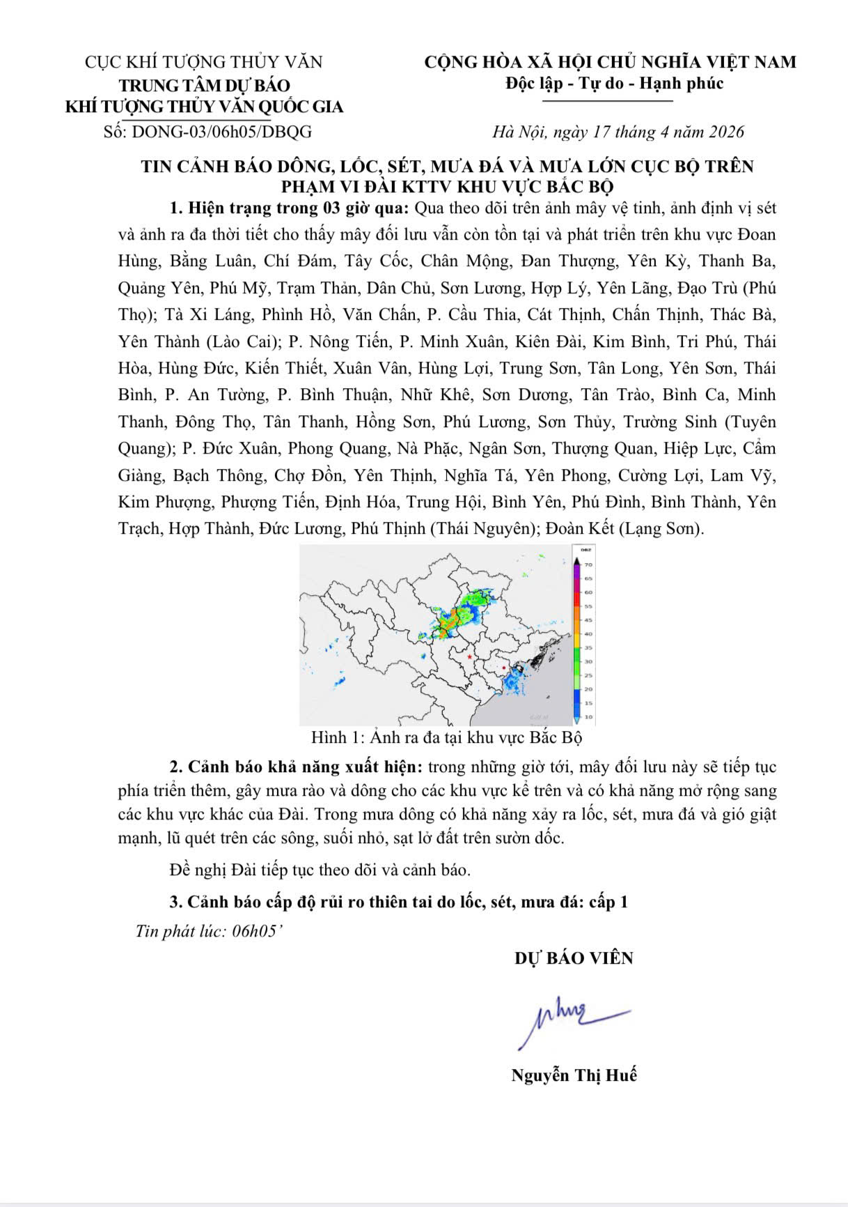 Tin cảnh báo dông, lốc, sét, mưa đá và mưa lơn cục bộ trên phạm vi đài KTTV khu vực Bắc Bộ