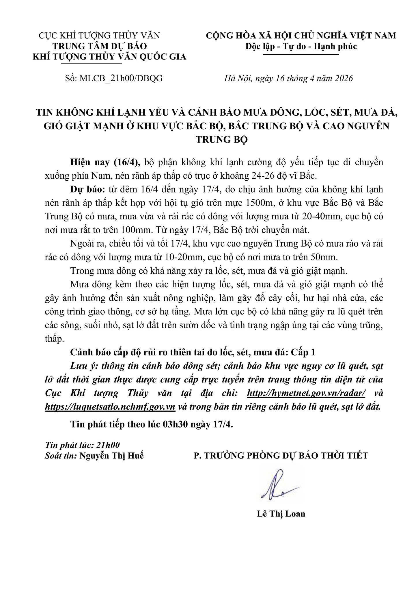 Tin không khí lạnh yếu và cảnh báo mưa dông, lốc, sét, mưa đá, gió giật mạnh ở khu vực Bắc Bộ, Bắc Trung Bộ và Cao Nguyên Trung Bộ