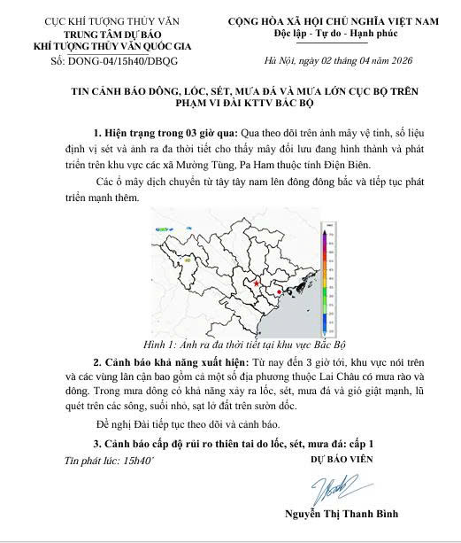 Tin cảnh báo dông, lốc, sét, mưa đá và mưa lớn cục bộ trên phạm vi đài KTTV Bắc Bộ
